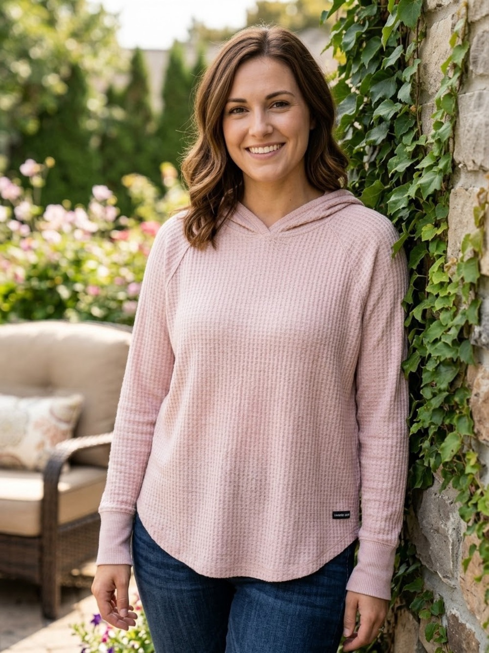 Calvin Klein Jeans Light Pink Waffle-Knit Hooded Pullover